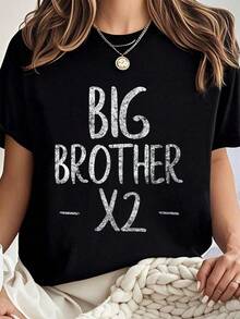 100% Cotton Cute Big Bro Again Funny Party Gift Big T-Shirt Women Graphic T-Shirt Cotton Print Short Sleeve Casual Top, Summer Tee Womens Tops - 黑色 - 查看 6