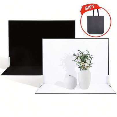 2D Flat Double-Sided Black And White Photography Backdrop 16.5x11.4 Inches - Light Absorbing Flocked Fabric With Adjustable Stand | Portable Foldable Design With Storage Bag, Suitable For Jewelry, Food And Product Flat Lay Photography