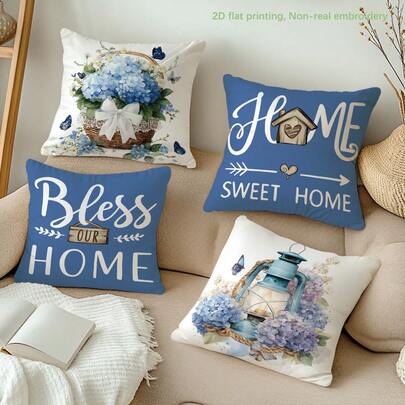 MEMNUN 4pcs Blue Hydrangea Floral Basket Lantern Butterfly Print Pillow Covers [No Pillow Insert], 17.7*17.7in(45*45cm)/19.69*19.69in(50*50cm)/15.75*15.75in(40*40cm), [Single-Sided Printing] Home Sweet Home & Bless Our Home Cozy Slogan Nordic Farmhouse Blue & White Floral Cushion Covers, Room Decor, Home Decor, Bedroom Decor, Room Decoration Stuff For Sofa, Bed, Living Room, Bedroom, Car, Office, Hotel, Suitable For All Seasons, Perfect Gift For Family And Friends
