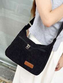 New Crossbody Bag With Women's Texture Corduroy Large Capacity Underarm Bag Solid Color Popular Commuter Shoulder Bag Retro Corduroy Shoulder Bag Simple And Versatile Crossbody Bag Commuter Multi Purpose Tote Bag - màu đen - Xem 7