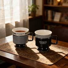 Retro Houndstooth Pattern Ceramic Mug With Stem, Contrasting Color High-End Coffee/Milk Cup, Niche Atmosphere Drinkware, Exquisite Gift - Multicolor - View 10