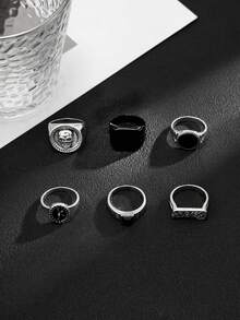 Bộ 6 chiếc nhẫn hình đầu lâu phong cách Punk màu đen, thích hợp đeo hàng ngày cho nam giới. - Màu Bạc Cổ - Xem 5