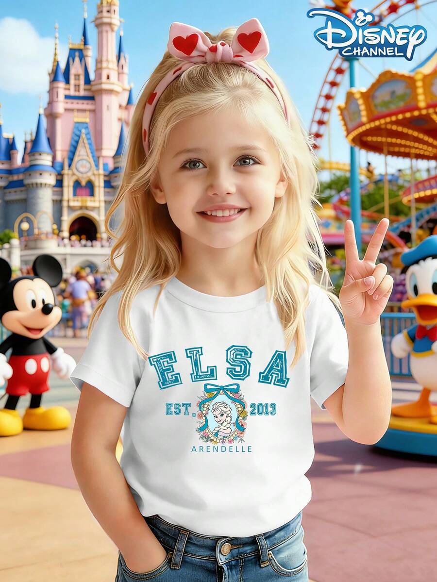 Disney Girls' T-Shirt Top With Frozen Elsa Princess Print And Letter Pattern - Casual And Cute Summer Everyday Wear - Round Neck Short Sleeve - trắng - Xem 1