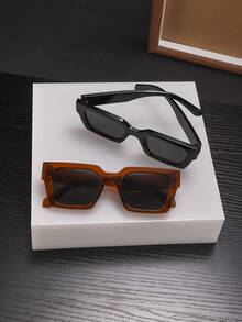 2 PCS Men's Polycarbonate Black Square Frame Round,Oval Solid Color Fashion Glasses For Outdoor Vacation With Glasses Box - Multicolor - View 2