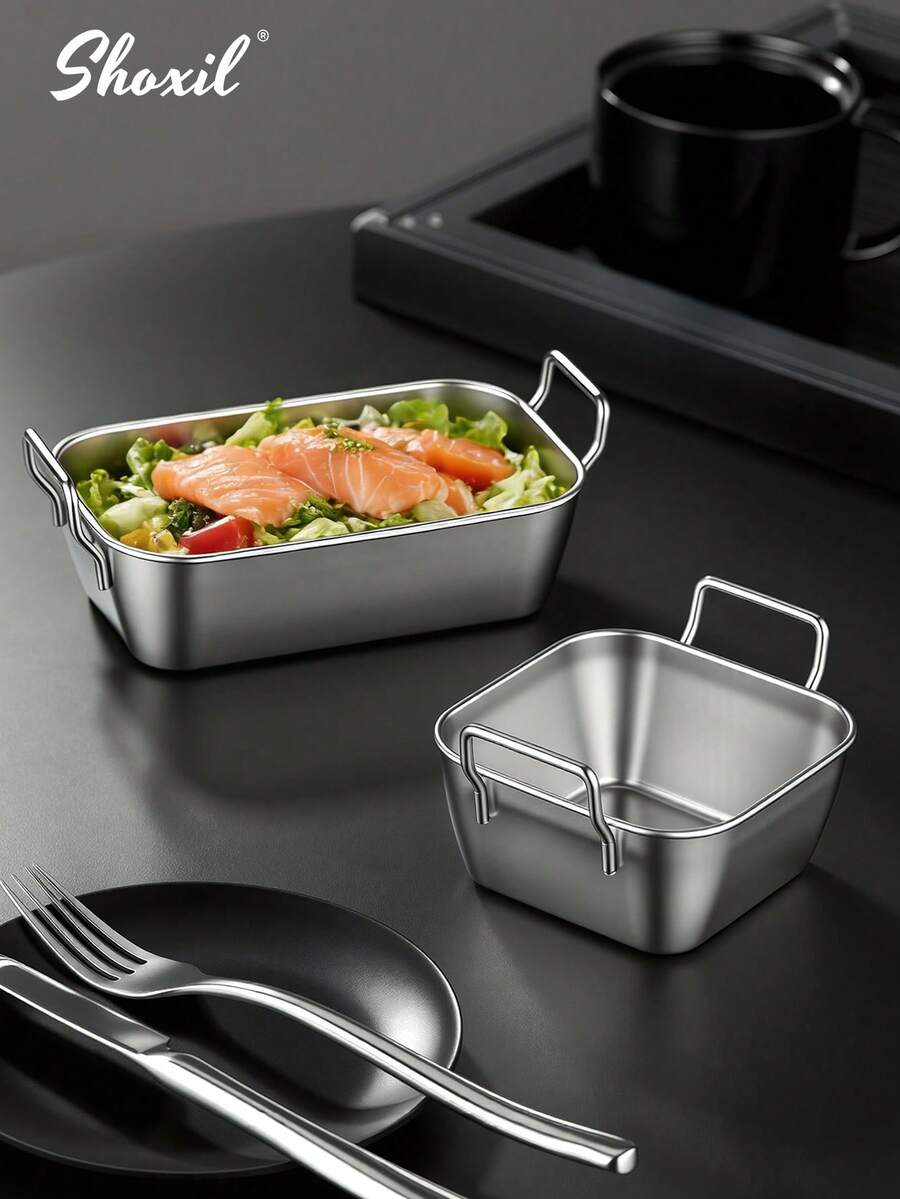 shoxil 1 pieza Bandeja rectangular de acero inoxidable con asas, adecuada para restaurante, sala de estar, cocina, fiesta, Eid - Bandeja (Plata) - Ver 1