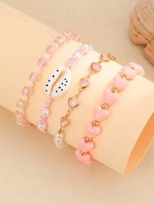 4件套波西米亚风心形玻璃珠贝壳吊坠手链套装，适合日常、通勤、休闲、约会、海滩、度假佩戴，也是情人节、生日、节日礼物的理想之选。 - 粉色 - 查看 3