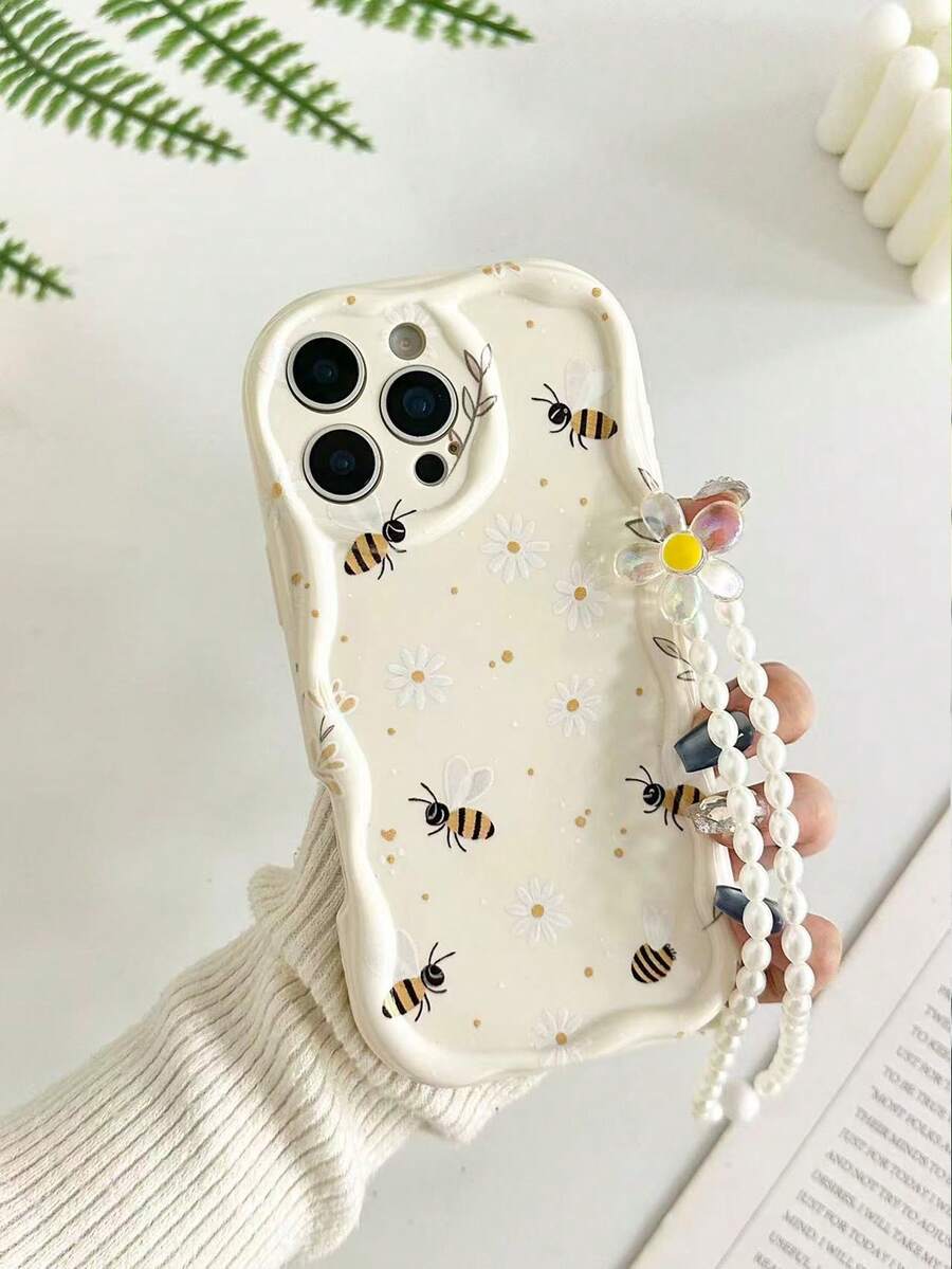 防震挂绳式新颖仿珍珠元素奶油色纹理波浪边亮面花卉蜜蜂彩绘防摔手机壳,配有串珠手链配件,兼容 17 Pro/17 Air/17/17 Pro Max/16/11/16 Pro/16 Plus/16 Pro Max/16 e/15 Pro Max/13/14/12/XS/XR/7G/8P,Galaxy A17/A07/S25/S25 Plus/S25 Ultra/A16,11/12 Pro/12/12 X/13 Pro/14 Pro/15 Pro,10/9/Note9/12c/Note11 Pro/Note8 Pro,春季礼物,生日周年纪念日礼物 - 彩色 - 查看 1