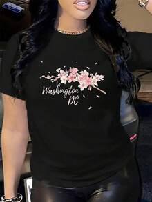100% Cotton D.C. Cherry Blossom Tree Washington Cherry Festival T-Shirt Women's Men's Vacation T-Shirt Dress Breathable Summer Tee Fashion Shirts - 黑色 - 查看 1