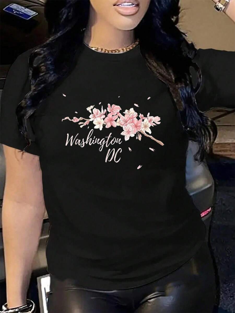 100% Cotton D.C. Cherry Blossom Tree Washington Cherry Festival T-Shirt Women's Men's Vacation T-Shirt Dress Breathable Summer Tee Fashion Shirts - 黑色 - 查看 1