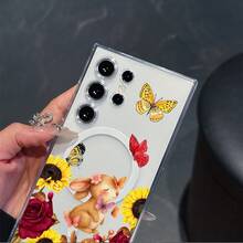 Rabbit Rose Sunflower Clear Phone Case Compatible With Samsung Galaxy S25 Ultra/S25 Edge/S24 Plus/S23 FE/S22/S21/S20 TPU Shockproof Transparent Magnetic Wireless Charging Phone Cover - Multicolor - View 5