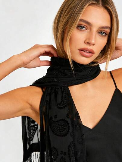 1pc Black Velvet Classic Elegant Fashion Versatile Unique Charming Evening Party Shawl Scarf, Long Tassel Design, Suitable For Travel, New Arrival For Women