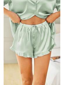 Womens Satin Pajamas Set Button Down 2 Piece Silk Pjs Shorts Set Ruffle Lingerie Notch Collar Sleepwear - Light Green - View 4