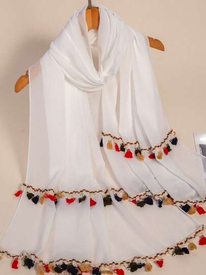 1条波西米亚风纯色雪纺流苏围巾，休闲披肩，适合日常或户外使用