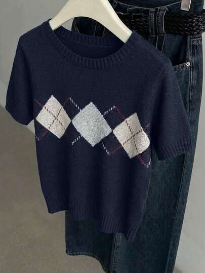 2026 New Year & Carnival Season High-Quality Color-Blocking Knit Sweater, Fashionable Diamond Pattern Round Neck Knitted Pullover, Casual Comfortable Streetwear Style, Perfect For Outings, Stylish Women's Apparel