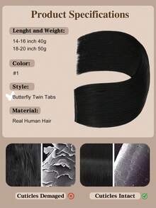 18 Inch 100% Human Hair Butterfly Invisible PU Lace Weft Hair Extensions, Pure Black Color - S1 - View 4
