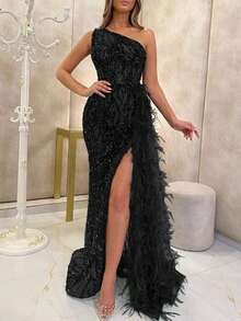 Women's Soft Pink One-Shoulder Sequin Evening Gown With High Slit And Feather Fringe Detail - Luxurious Dress For Parties & Formal Events - Black - View 2