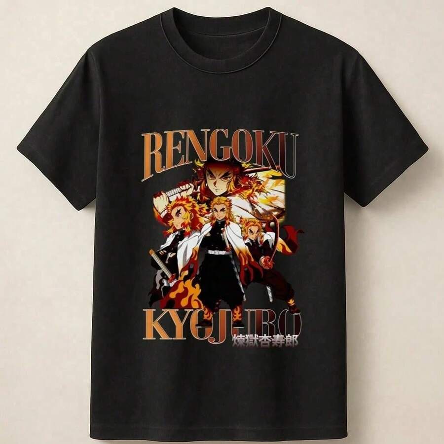 Rengoku Kyojuro Fire Sword Pose From DemonSlayer Unisex T Shirt - Black - View 1