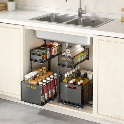 1PC Black Space Saving Under Sink Organizer, 2 Sliding Drawers With Adjustable Height For Home Decluttering & Organization