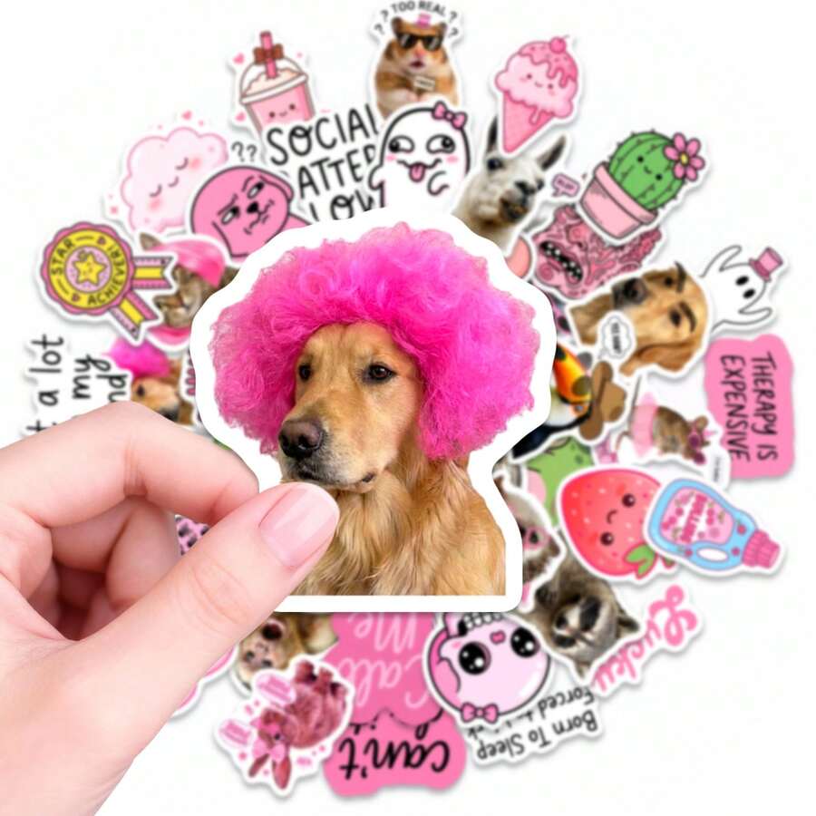50张粉色贴纸套装 - 可爱考拉、猫咪图案，配以“做不到”等俏皮话，粉色系美学乙烯基贴纸，可用于日记本、笔记本电脑，表达你的心情 - 50件 - 查看 1
