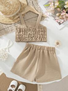Conjunto de 2 piezas para niñas jóvenes: top camisola de verano con decoración de botones metálicos en forma de rosa + falda pantalón con bolsillo asimétrico, ideal para vacaciones - Caqui - Ver 3
