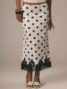女士白色波点蕾丝缎面半身裙，优雅性感休闲缎面蕾丝拼接半身裙，适合晚宴约会、度假、夏季日常穿着。 - 白色 - 查看 2