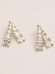 1 par de pendientes cuadrados de uso diario versátil y de lujo minimalista con detalles de pedrería desmontables en forma de V - Dorado - Ver 2