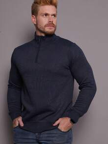Men's Long Sleeve Sweater With Zipper At The Collar - Navy Blue - View 11