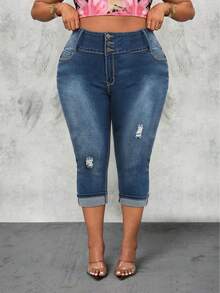 Women's Plus Size Capri Skinny Jeans Fashion High Stretch Washed Denim Shorts Distressed Design Three Button Closure - Blue - View 7