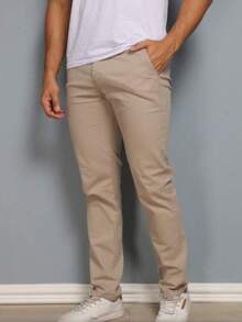 Men's Plus Size Twill Pants With Lycra, Skinny Style - 淺卡其色 - 查看 2
