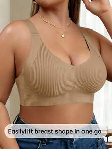 5pcs Classic Plus Size (Runs Small) Women's Non-Wired Bra, Striped Seamless Soft Support Shaping Lingerie, Adjustable Shoulder Straps, Removable Pads - Multicolor - View 6