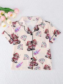2pcs/Set Tween Girls Casual Milk Tea Graphic Print Polo Collar Short Sleeve Cardigan And Shorts Pajama Set, All Season - Apricot - View 3