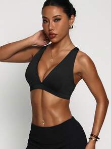 女士黑色可拆卸衬垫深V领交叉肩带时尚运动针织文胸 - 黑色 - 查看 4