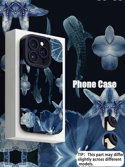 1个简约个性化鲸鲨与蓝色花朵环绕竖条纹仿皮软保护手机壳，适合作为礼物送给朋友和爱人，兼容苹果 17/17AIR/17PRO/17PROMAX