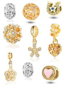 9 piezas Brazalete con colgante de flor calada con forma de corazón de cristal de moda dorado, un regalo especial para tu novia - Multicolor - Ver 1