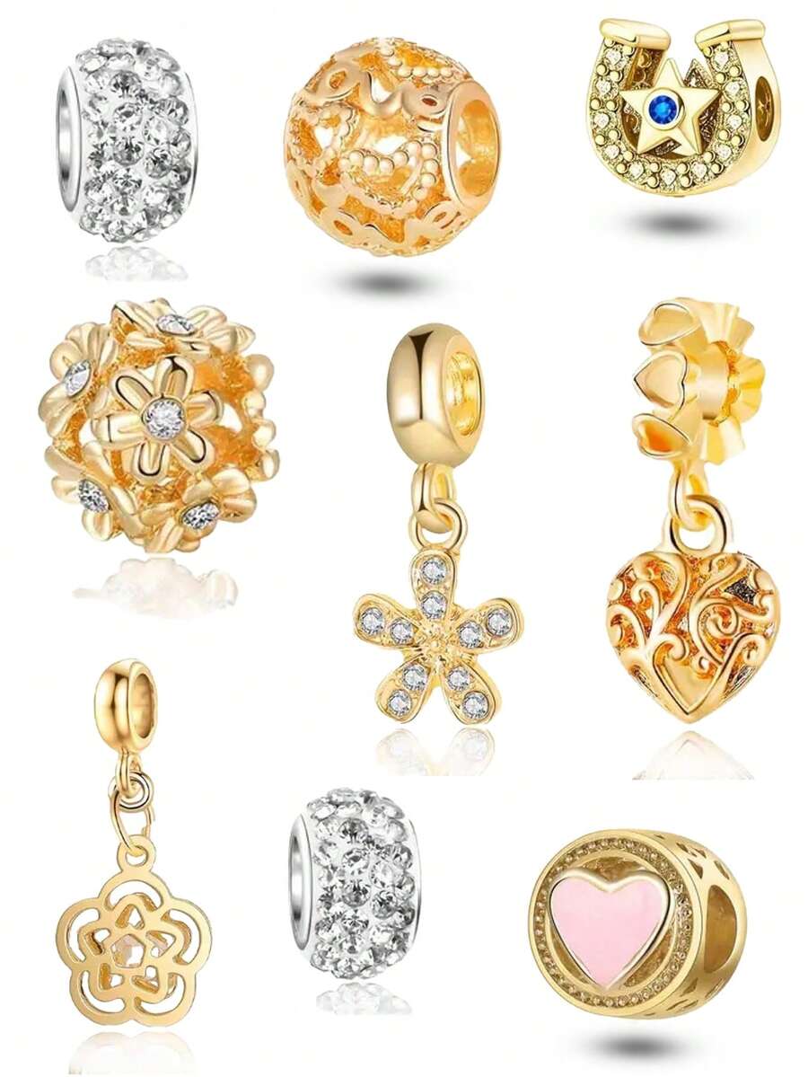 9 piezas Brazalete con colgante de flor calada con forma de corazón de cristal de moda dorado, un regalo especial para tu novia - Multicolor - Ver 1