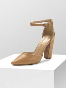 Women Ankle Strap Chunky Heel High Heels Pumps Closed Pointed Toe Fashionable Elegant Wedding Pump Shoes - 駝色 - 查看 5