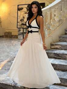 Women's Elegant White Halter Maxi Dress, Chic Contrast Black Bow Detail Evening Gown, Sophisticated 2026 Spring Occasion Wear - Black and White - View 6