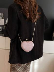 1件装新款小众设计闪亮爱心戒指手提立体小包链条包时尚约会休闲外出单肩斜挎包情人节节日个性化晚餐小包奢华手提包手拿包热门心形链条女士晚宴包 - 粉色 - 查看 8