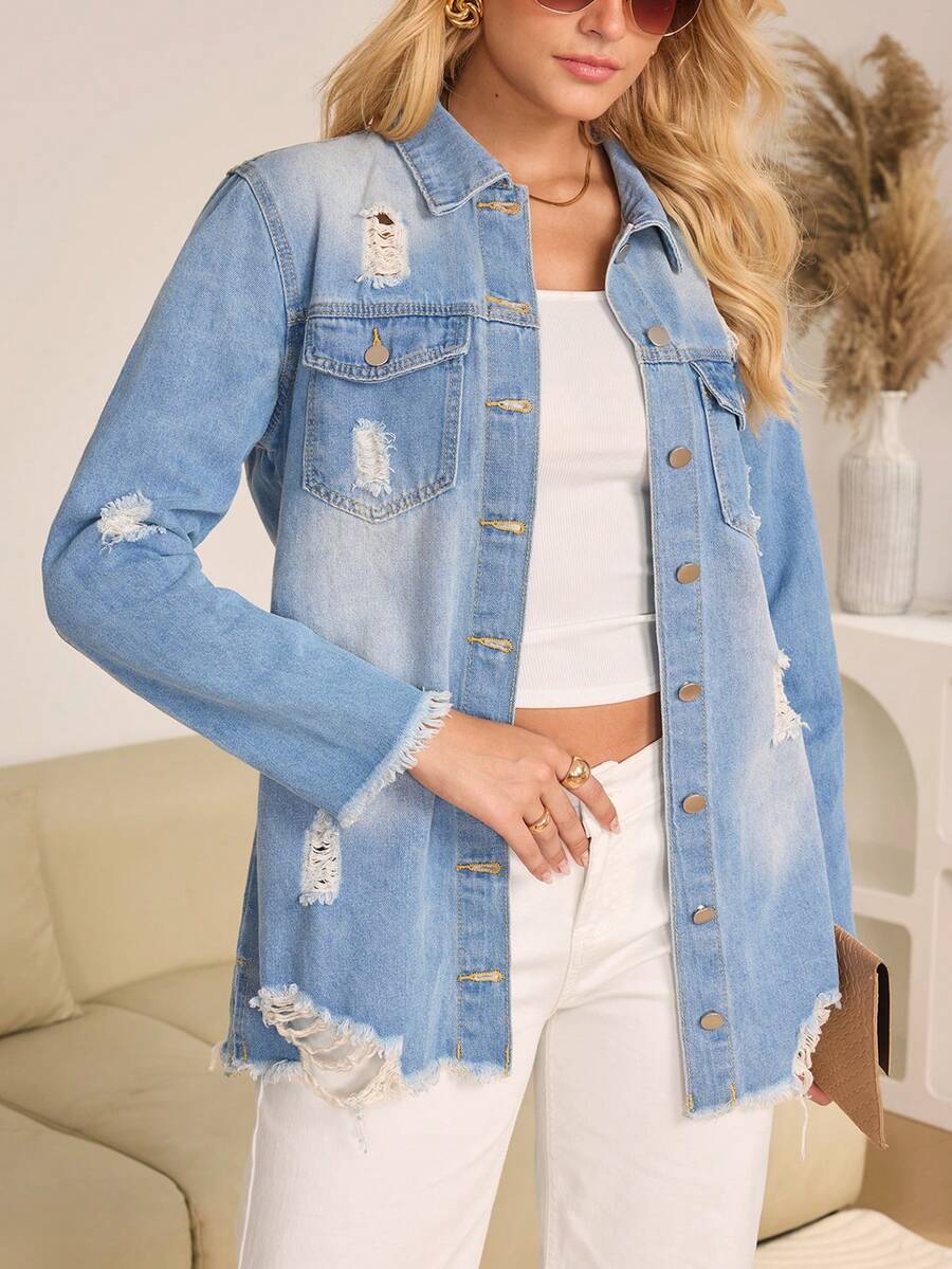 Women's Denim Jacket American Retro Ripped Design Denim Shirt Jacket Early Autumn Wear - Light Wash - View 1
