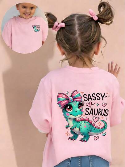 女童休闲印花圆领短袖T恤，夏季上衣