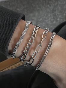 4件套朋克极简几何粗链手链套装，男士日常佩戴，珠宝礼品 - 銀色 - 查看 2