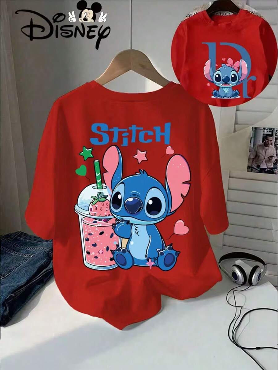 Disney Shi Diqi Holds The Cartoon Pattern Of Strawberry Milkshake. Disney's New Short-Sleeved T-Shirt Tops In Summer Are Men's And Women's Casual Fashion Printed T-Shirts, Women's Elegant Women. - 紅色 - 查看 1