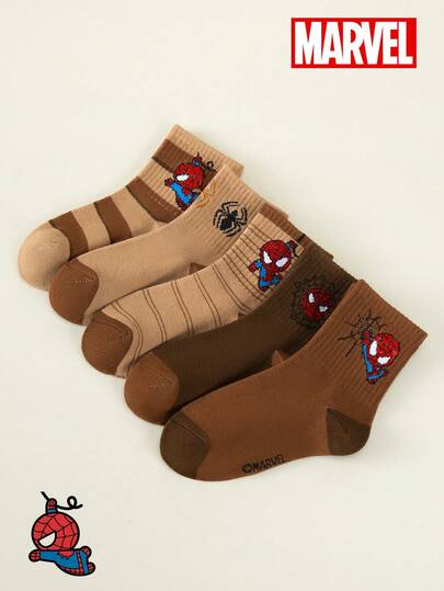 Marvel 1/5双漫威男童/儿童春夏袜子，酷炫蜘蛛侠卡通图案装饰，休闲透气防臭吸湿多功能运动袜，可爱时尚柔软舒适，适合学生穿着，可作为生日礼物/户外运动/旅行/校园服装
