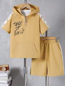 Bộ quần áo trẻ em trai gồm áo hoodie và quần short nhẹ, kiểu dáng thường ngày, phù hợp đi học, mùa xuân/hè. - Màu vàng - Xem 1