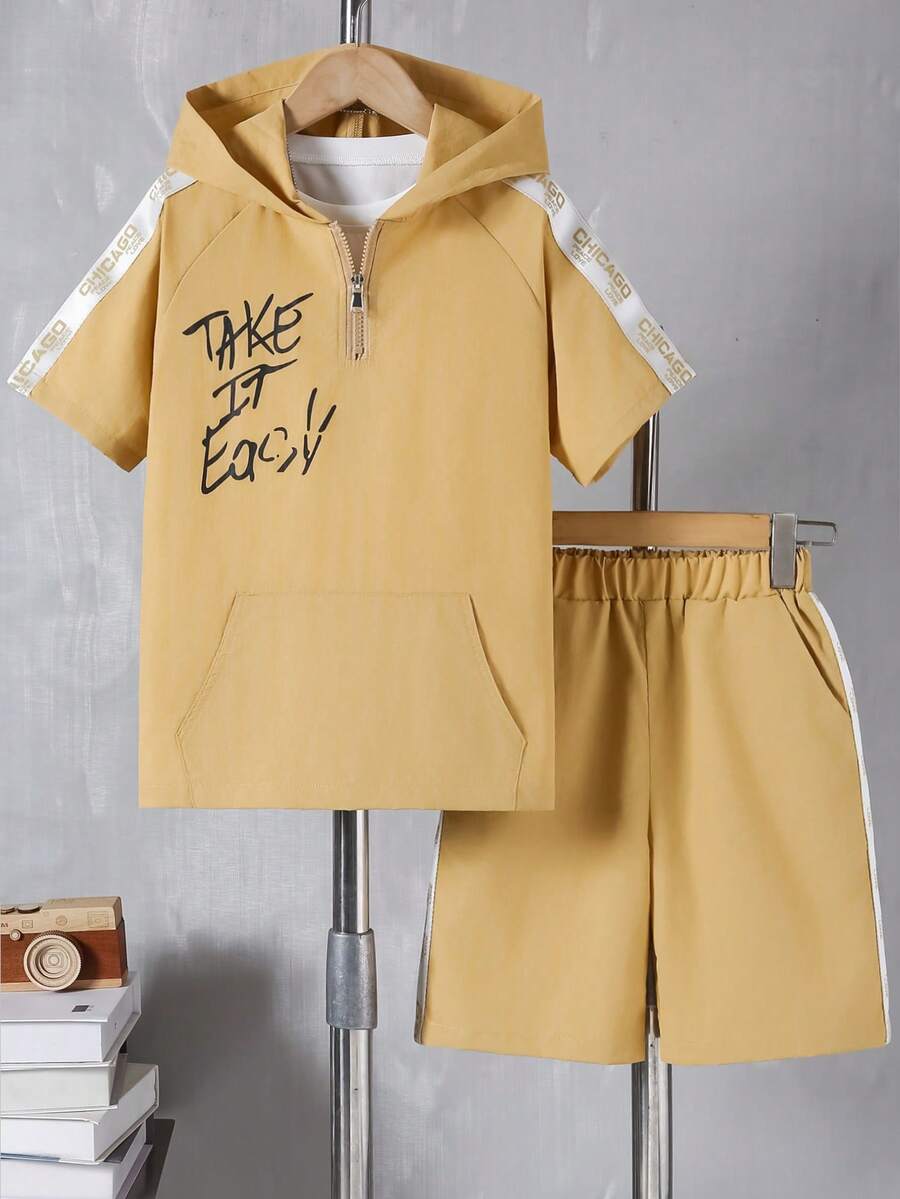 Bộ quần áo trẻ em trai gồm áo hoodie và quần short nhẹ, kiểu dáng thường ngày, phù hợp đi học, mùa xuân/hè. - Màu vàng - Xem 1