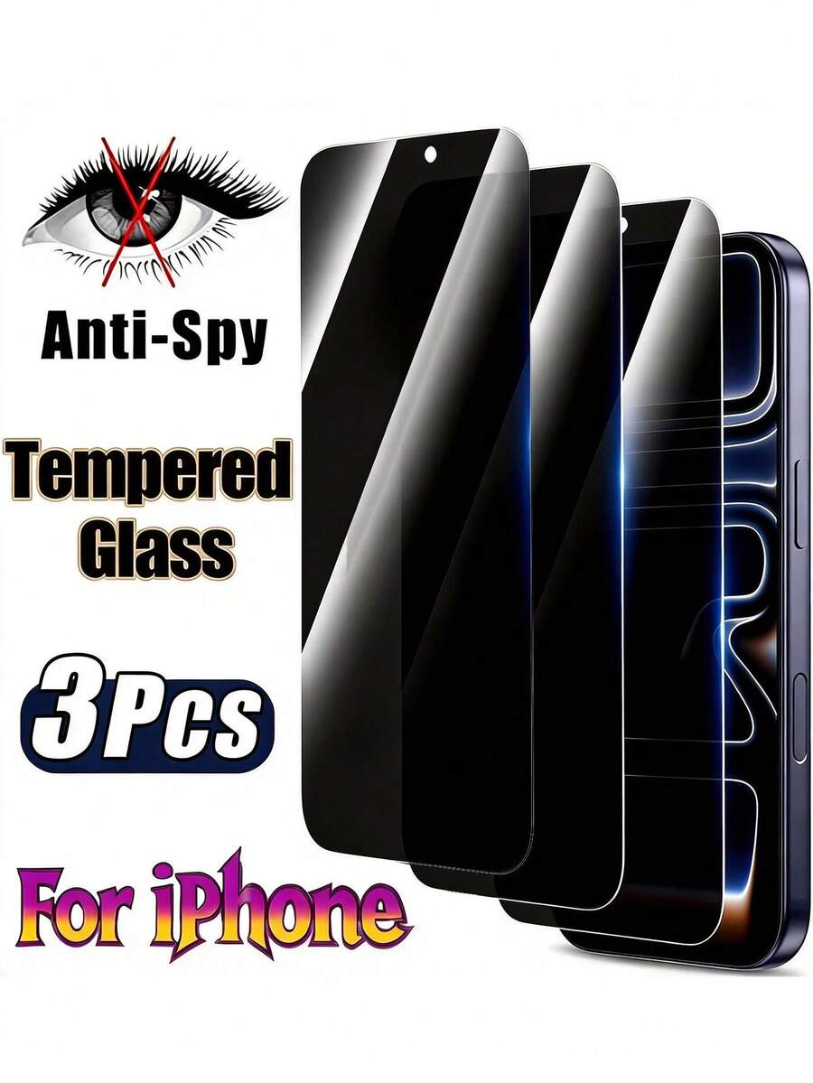 3pcs 9H Hardness Privacy Tempered Glass Screen Protector Compatible With IPhone 17 Pro Max, Anti-Scratch, Sensitive Touch, Bubble-Free, Compatible With IPhone Series, Great Birthday Gift For Family And Friends, Smartphone Accessory, Full Coverage Waterproof And Anti-Fall Anti-Fingerprint - Black - View 1