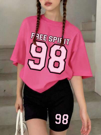 2pcs Tween Girl Casual Summer Set, Fashionable Numeric Print Sporty Short Sleeve T-Shirt And Leggings, Suitable For Spring/Summer, Back To School, Outdoor/Home/Travel Outfit