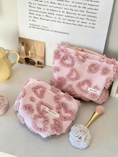 1个/套粉色心形化妆包，简约多功能化妆包，拉链大开口便携旅行收纳包，手拿包，女士礼物，圣诞礼物，送给她的绝佳礼物