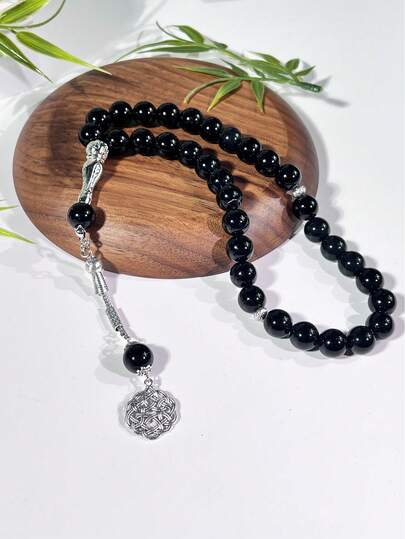 33pcs 12mm Black Glass Beaded Single Strand Arabic Style Daily Wear Bracelet TASBIH