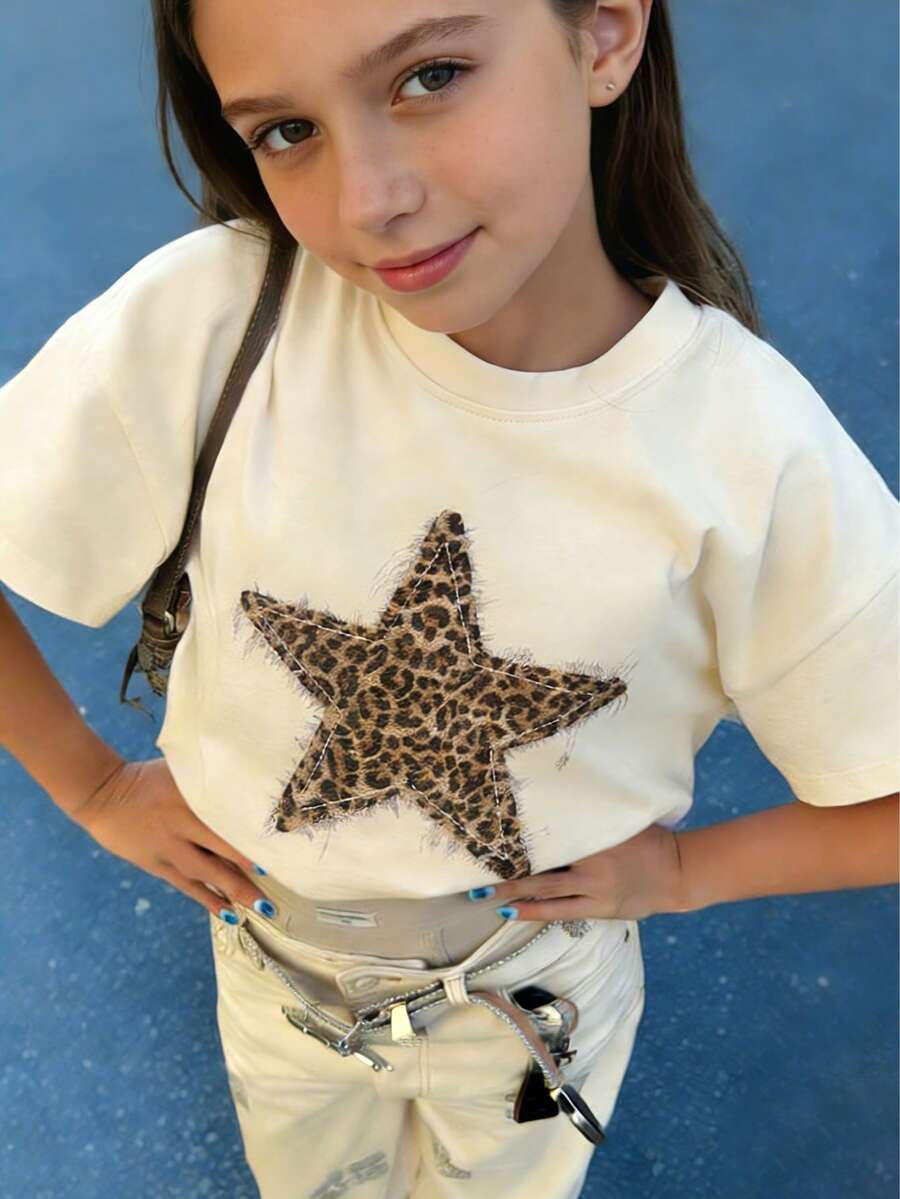 少女豹纹星形印花短袖T恤,学生童装,夏季上衣,适合女孩玩耍 - 杏色 - 查看 1
